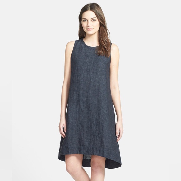 EILEEN FISHER Jewel Neck Organic Linen Sleeveless Dress in Dark Navy Blue, PM - Picture 1 of 9